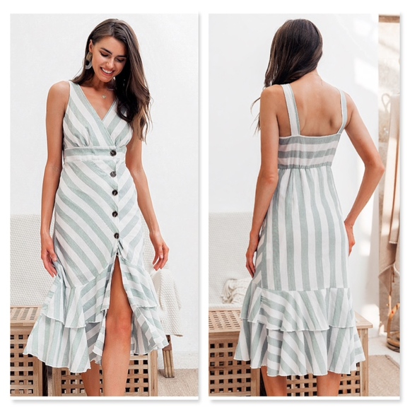 Ruffle Detail Striped Surplice Button Midi Dress - Picture 2 of 8